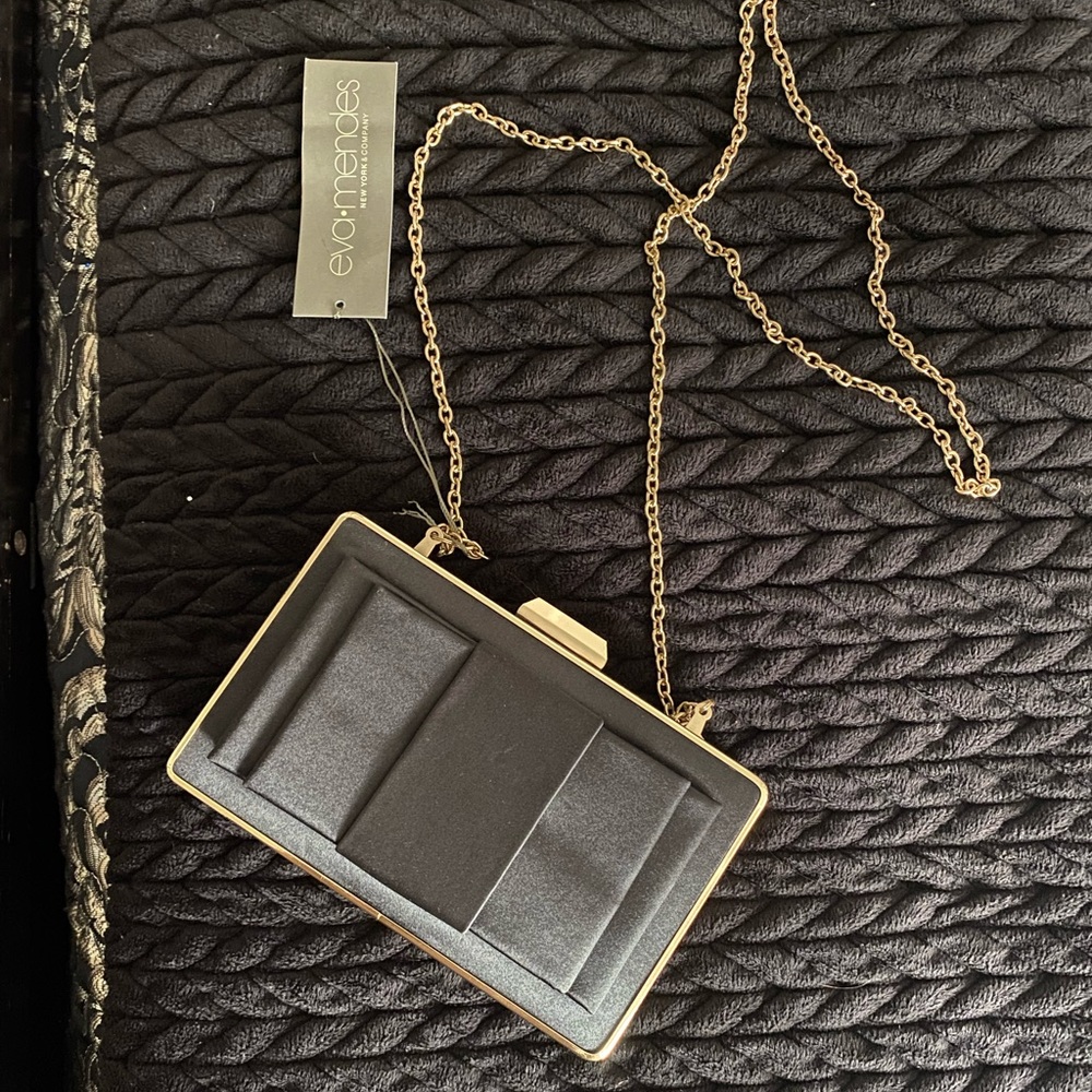 *NWT* Small satin black and gold clutch with chain